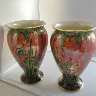Vintage Art Deco Crown Devon Pottery Enamel Lustre Flowers Vases 2