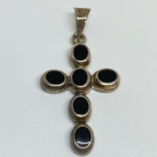 Vintage Sterling Silver 925 Black Onyx Inlay Religious Cross Pendant