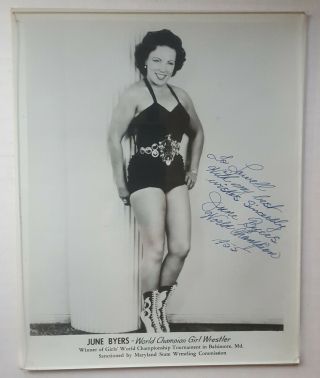 June Byers 1950s Girl Wrestler Authentic Signature 8x10 Photo