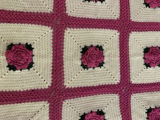 Vintage Handmade Crochet Blanket Afghan Granny Square 3d Rose Flower