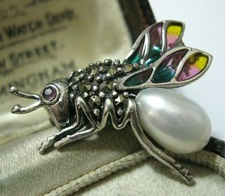 Vintage Art Nouveau Style Sterling Silver Plique A Jour Enamel Insect Pin Brooch