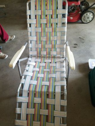 Vtg Aluminum Folding Webbed Chaise Lounge Adjustable Lawn Fishing Chair Rainbow