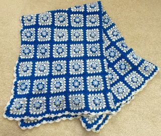 Vintage Granny Square Afghan Crochet Blanket Throw Blue White Sofa Baby Floral