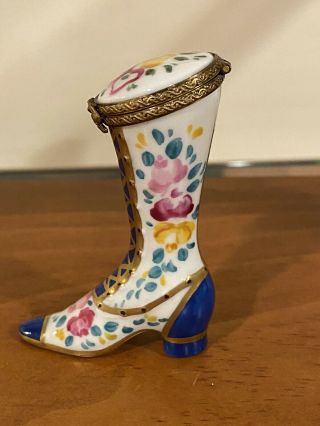 Vintage Limoges Peint Main Porcelain Novelty Lidded Pill Box - Ladies High Boot