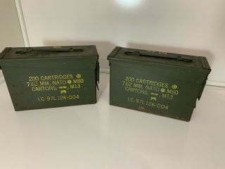 (2) Vintage Military Nato Steel Ammunition Box 7.  62mm Cartridge Capacity (200)