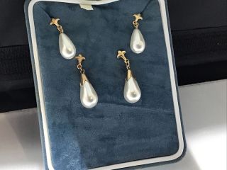 Two Pairs Vintage 9ct Gold Studs Post Dangle Earrings With Faux Pearls Boxed