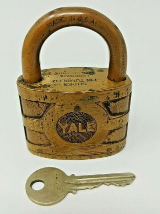 Vintage Yale Brass Pin Tumbler Padlock W/original Key 3 " X 2 1/4 "