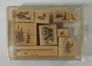 Stampin Up Fishing 1996 Vintage Retired Rubber Stamp Set Of 9 Fishing Pole Lure