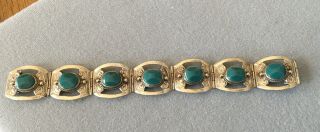 Vintage Taxco Sterling Silver 925 Green Onyx Oval Stone 7 Panel Bracelet