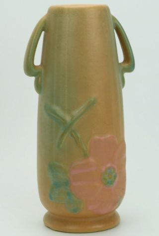 Vintage Weller Art Pottery Two Handled Wild Rose Peach Vase 8 "