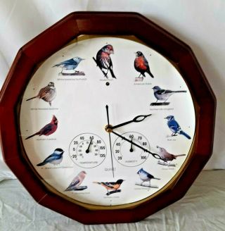 Vintage Wood Frame Glass Front Bird Chirping Clock Thermometer Humidity 14 "