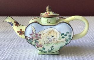 Vintage Chinese Enameled Miniature Teapot Figurine With Cat