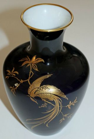 Vintage Kaiser Germany Cobalt Blue Vase Peacock Gold Porcelain 8 1/2” Tall