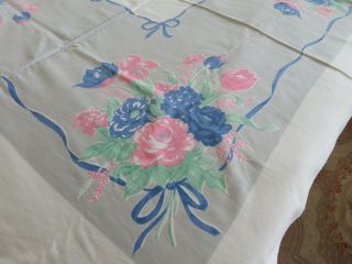 Vintage Antique Tablecloth Pretty Baby Blue Pink Roses On White