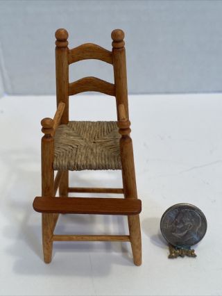 Vintage Artisan Signed P? 92 ' Wood Woven High Chair Dollhouse Miniature 1:12 2