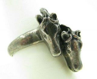 Vintage Sterling Silver Double Horse Head Ring Heavy Unisex Mens Dark Patina 9