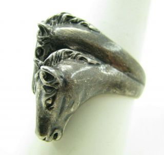Vintage STERLING SILVER Double Horse Head Ring HEAVY UNISEX MENS Dark Patina 9 2