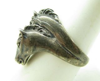 Vintage STERLING SILVER Double Horse Head Ring HEAVY UNISEX MENS Dark Patina 9 3