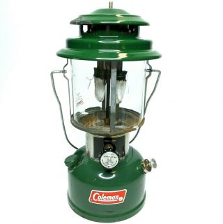 1977 Coleman 220j Two Mantle Gas Lantern Pyrex Glass Camping Vintage Green