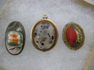 Antique Victorian Brooch Pins & Pendant,  Sterling Abalone Mop Agate,  Beetle Bug