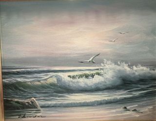 Vintage Framed Art Oil Painting By Edmonson Seagulls Birds Waves Beach Landscape