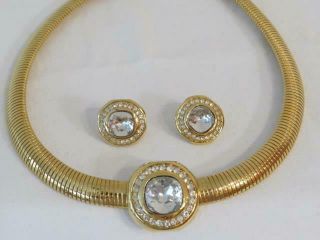 Vintage Crown Trifari Gold Tone Choker And Earrings Crystal Stones