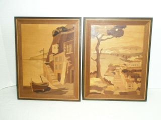 Vintage Set Of 2 Wooden Wall Art Lake Village Inlay 8 X 11