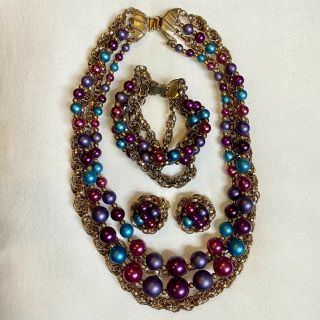 Vintage 50s 60s Estate Coco Chanel Style Beaded Necklace Bracelet Earrings Set