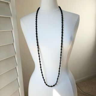 Vintage Art Deco Black Faceted Glass Crystal Bead Necklace 48 " Long