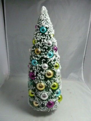 Vintage 14.  5 Flocked & Glittered Bottle Brush Christmas Tree W Ball Ornaments.