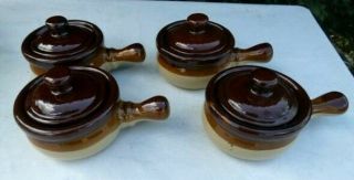 Vintage Set 4 French Soup Bowls Brown Drip Stoneware Crocks Handle Lid
