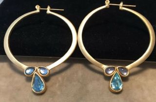 Vintage Jewellery Lovely Large Hooped Earrings With Aquamarine Crystal Cabochons