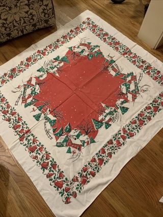 Vintage Country Christmas Scenes Snow Trees Church Tablecloth Red Green 47”x50”