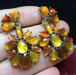 Vintage Jewellery Gorgeous Amber Colour Signed Flower Pendant Clip On Earrings