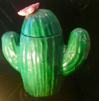 Vintage Treasure Craft Saguaro Cactus Cookie Jar W/ Pink Flower 13 " Made In Usa