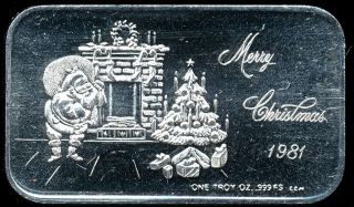 Vintage 1981 Merry Christmas 1 Troy Oz.  999 Fine Silver Proof - Like Art Bar