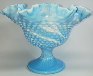 Vintage Fenton Blue Slag Marble Swirl Hobnail Ruffled Compote Bowl