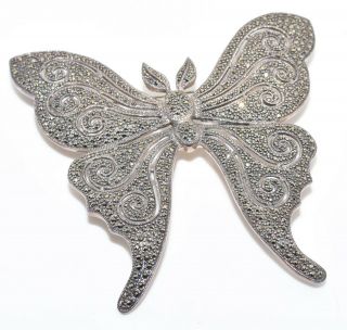 Huge Vintage Sterling Silver Pave Marcasite Butterfly Pin Brooch - Estate