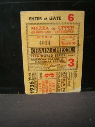 1936 York Yankees Vs.  Giants Baseball World Series Rain Check Ticket Stub