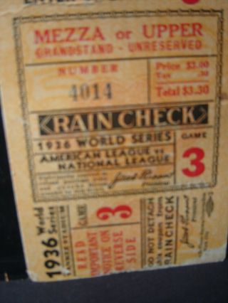 1936 York Yankees vs.  Giants Baseball World Series Rain Check Ticket Stub 2