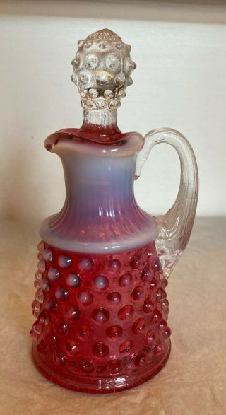 Vintage Fenton Glass Cranberry Opalescent Hobnail Oil Cruet W/ Stopper 4 1/2 " T