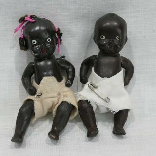 Vintage Black Americana Bisque Jointed Porcelain 4 " Baby Boy & Girl Dolls Japan