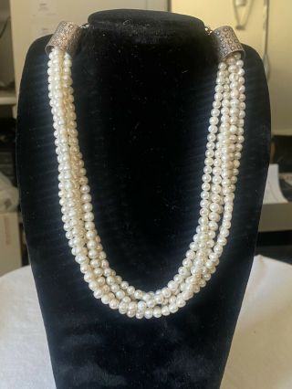 Vtg Native 925 Sterling Silver Multi - Strand Freshwater Pearl Necklace 123g 19”