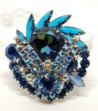Stunning Vintage Juliana D&e Cobalt Glass Gem & Ab Rhinestone Floral Brooch Pin