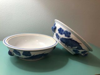 2 Vintage Koi Fish Blue White Serving Bowl With Handles Hand Painted Dish Heavy