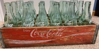 Vintage Coca Cola (coke) Green Glass Bottles 6.  5oz Worginal Cocacola Wood Carrier