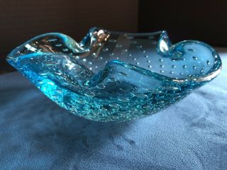 Vintage Blue Murano Glass Bowl Controlled Bubbles Bullicante.  6.  5”