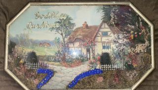 Vintage 1940’s “god Bless Our Home “ Cottage Glass Bubble Frame 3d Dried Flowers