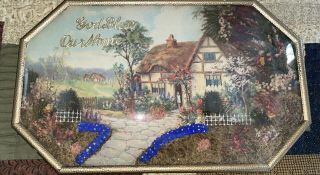 Vintage 1940’s “God Bless Our Home “ Cottage Glass Bubble frame 3D Dried Flowers 2