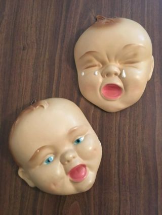 Chalkware Baby Faces Plaster Vintage Nursery Wall Hanging Dimples Happy Sad
